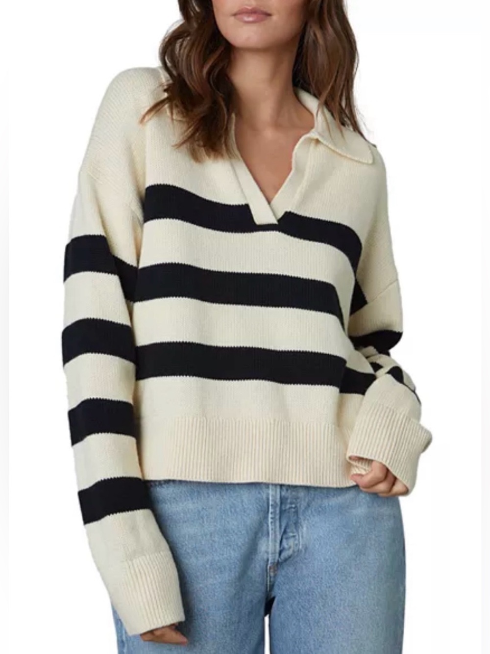 Velvet By Graham And Spencer Lucie Polo Sweater Striped Cotton & Cashmere Blend